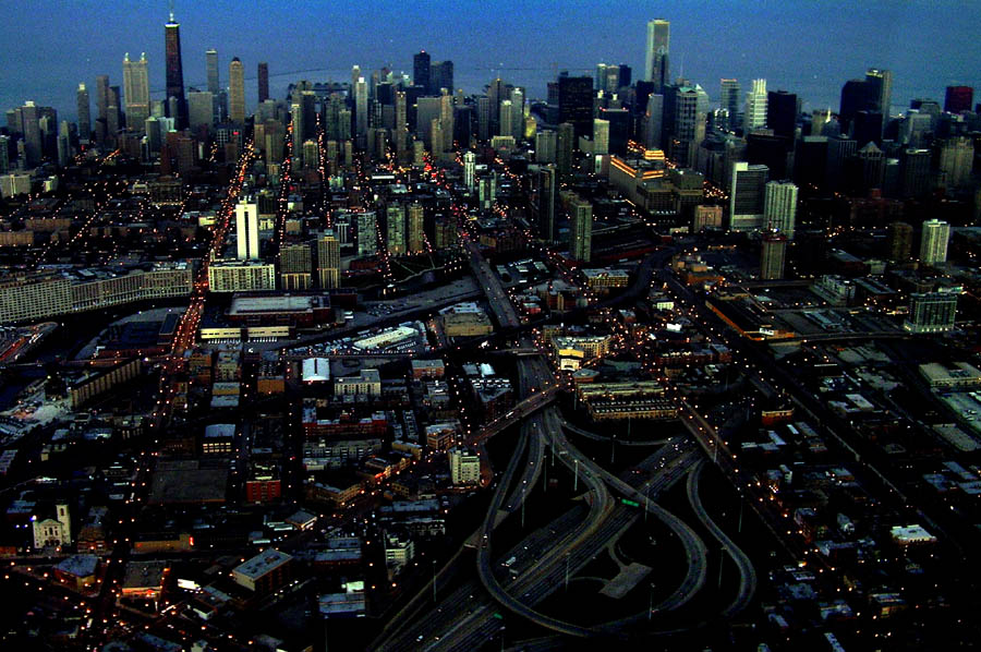 Aerial photo of Chicago at night